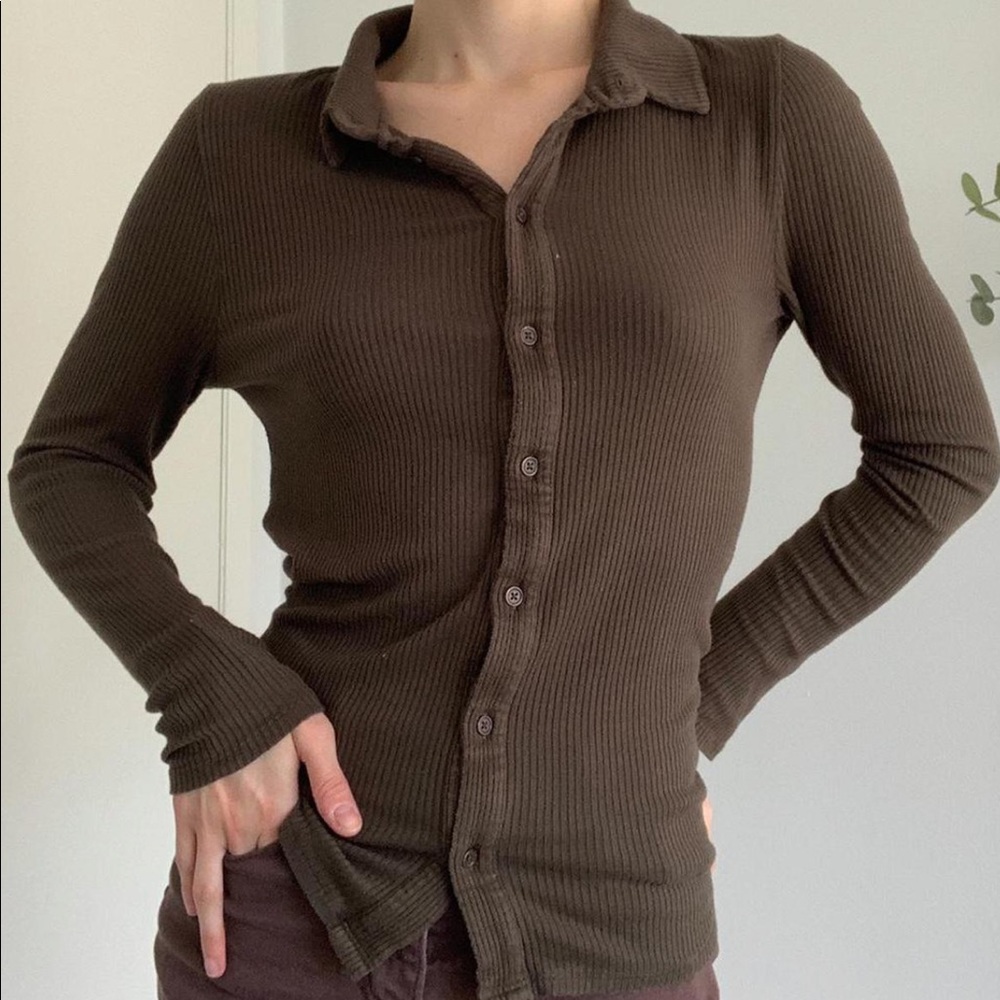 Brown Ribbed Long Sleeve Button Up Shirt